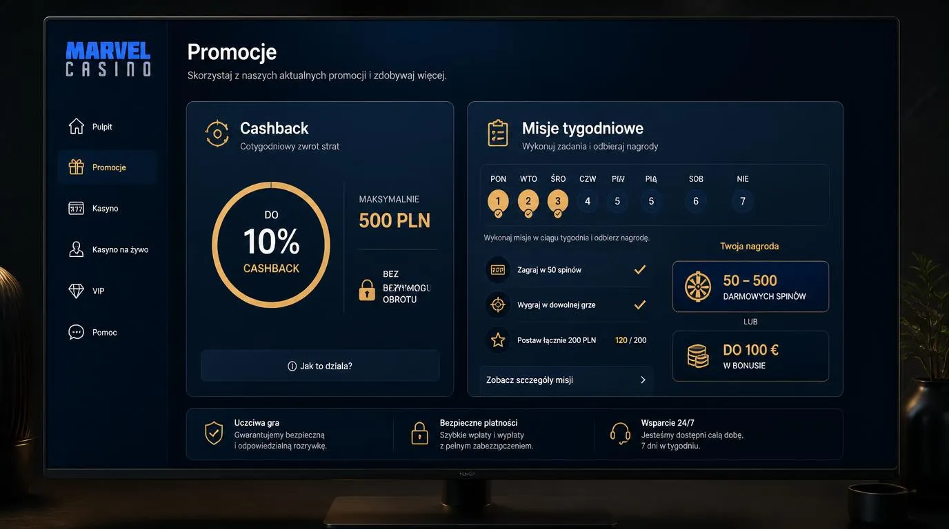 Panel promocji kasyna z tygodniowym cashbackiem 10% do 500 zł oraz misjami z bonusowymi spinami
