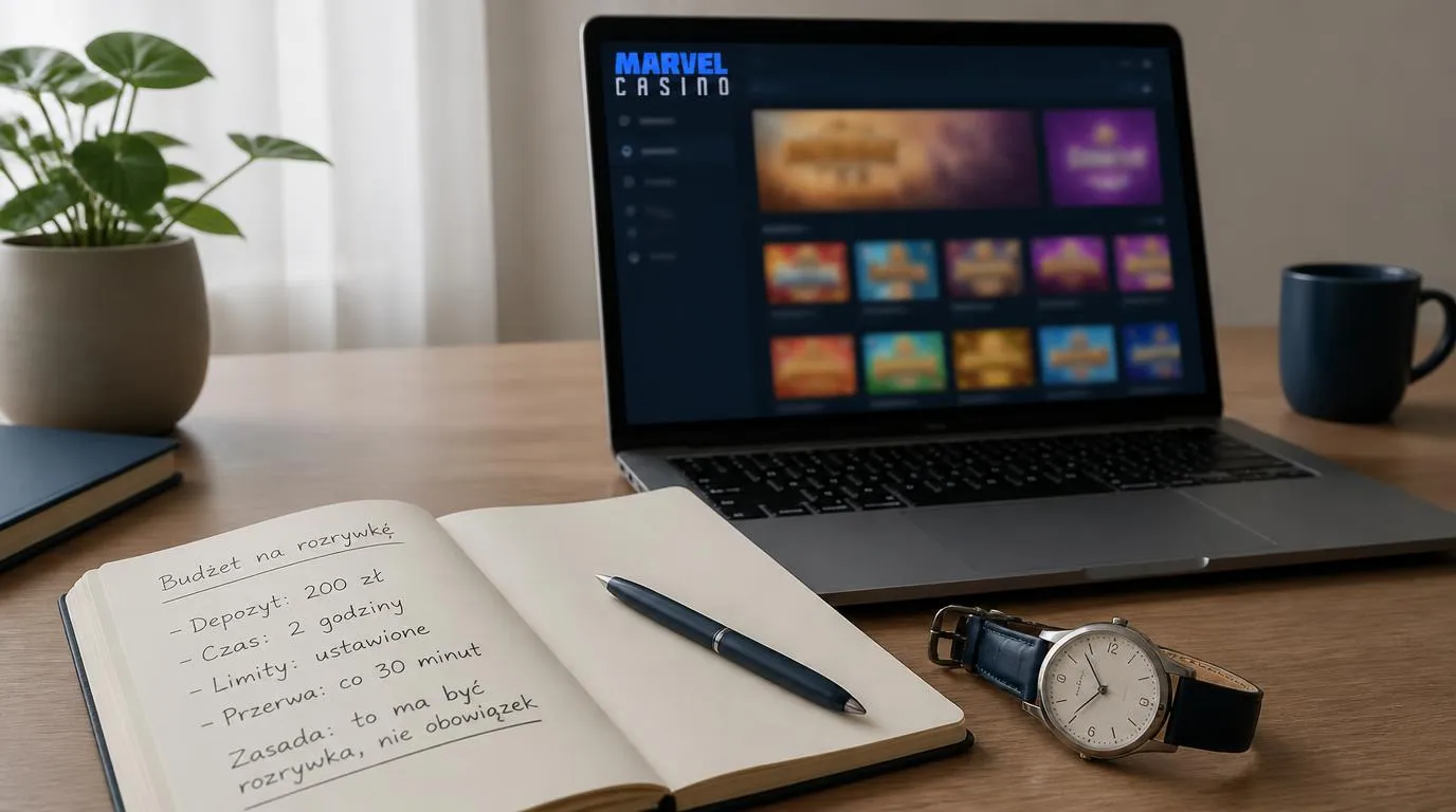 Notes z planem budżetu rozrywkowego i zegarek obok laptopa z neutralnym ekranem kasyna