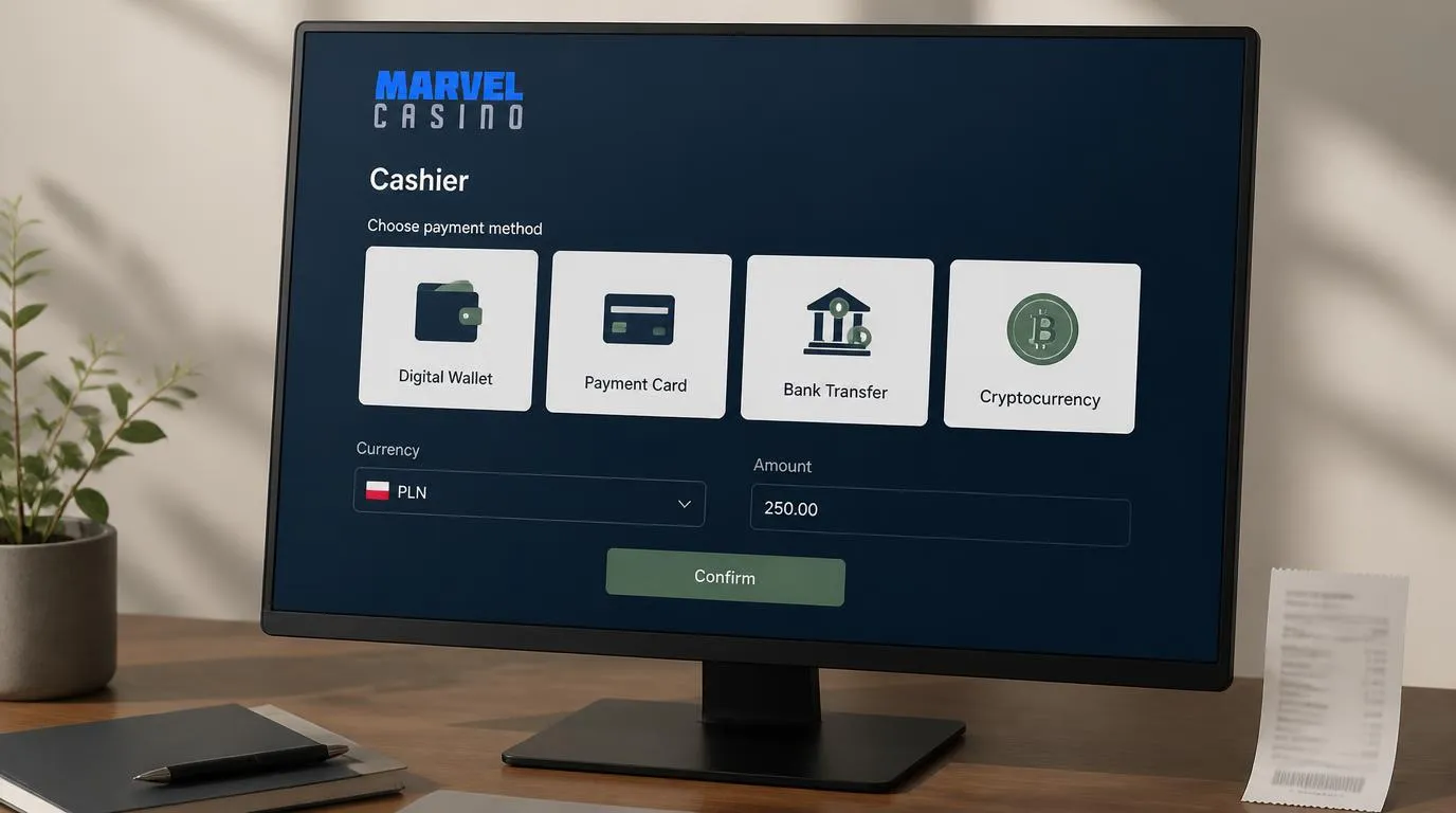 Panel kasjera z wyborem portfela elektronicznego, karty, przelewu i kryptowalut oraz walutą PLN